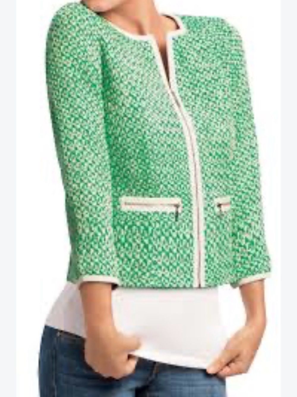 CABI Classic Women's Cropped Bouclé Jacket in Mint Green Size 14 Capsule Piece